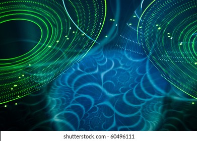 Looking up at glowing, swirling laser lights at a Night Club