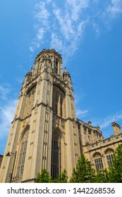 Looking up at the impressive tower of the Wills Memorial Building in the city of Bristol in the UK. The building was designed by Sir George Oatley and built as a memorial to Henry Overton Wills III.