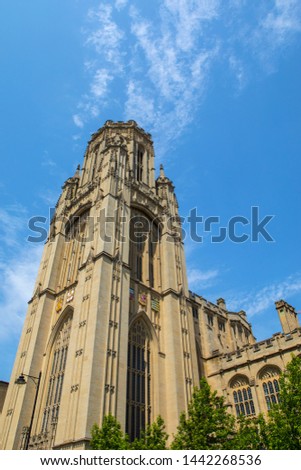 Looking up at the impressive tower of the Wills Memorial Building in the city of Bristol in the UK. The building was designed by Sir George Oatley and built as a memorial to Henry Overton Wills III.