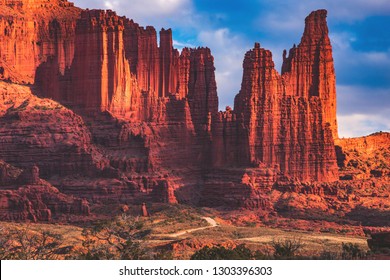 Looking Into The Fisher Towers Recreation Trail Area, A Popular Hiking, Camping, Rock Climbing, And BASE Jumping Spot Off The Colorado River Near Moab, Utah, United States.