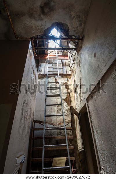 Looking Ladder Hole Ceiling Abandoned Building Stock Photo