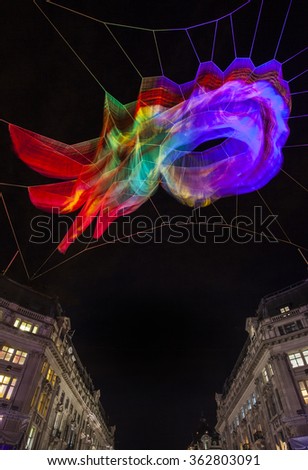 Looking up at the magnificent light sculpture at Oxford Circus in London, during the Lumiere London light festival.
