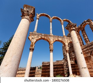 Looking Up At Main Hall Of Grand Palace Of Umayyad Dynasty, Anjar, Bekaa Valley, Lebanon, Middle East, Color. They Reused Parts Of Roman Buildings.