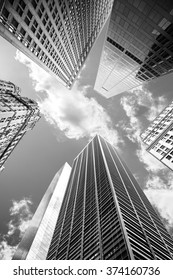 Looking Up At Manhattan Skyscrapers, Black And White Business Background.