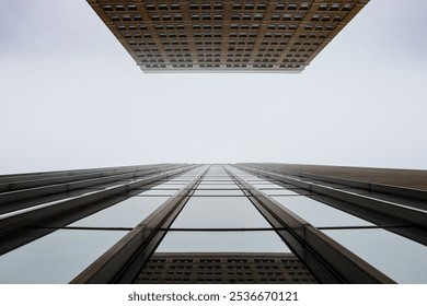 Looking up at a modern skyscraper with sleek glass panels, this perspective showcases urban architecture with symmetry and minimalism. The reflective glass captures part of the skyline. - Powered by Shutterstock