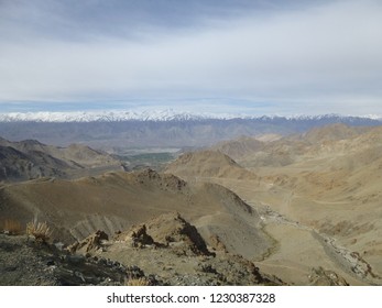Looking from the mountain to the scenic Ladakh Valley landscape to Leh