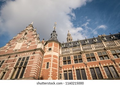 Looking Up At The Neo-classical Facade Of The Main Library Of KU Leuven In Belgium.