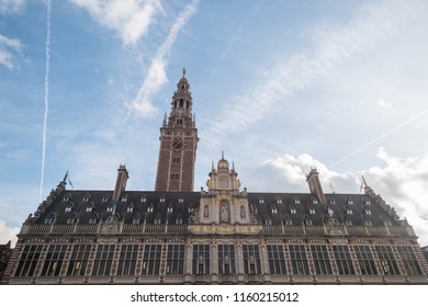 Looking Up At The Neo-classical Facade Of The Main Library Of KU Leuven In Belgium.