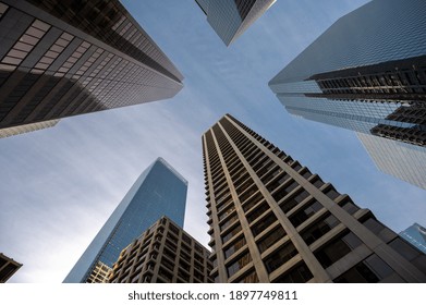 Looking up at office towers in Calgary, Alberta. 
