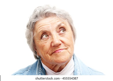 Looking old woman portrait on a white background