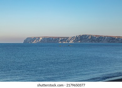 Looking out over the ocean towards the chalk cliffs near Freshwater Bay, from Brook Chine on the Isle of Wight