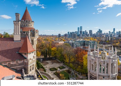 Looking out over the towers of Casa Loma toward the Toronto skyline in the distance.