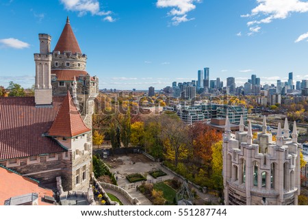 Looking out over the towers of Casa Loma toward the Toronto skyline in the distance.