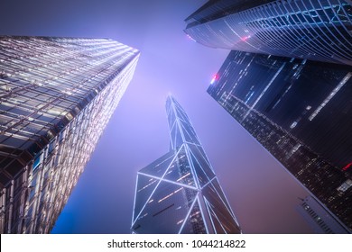 Looking Up To Skyscrapers And Office Buildings From Below, Hong Kong, China.