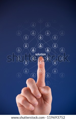 Looking for a solution with crowdsourcing and teamwork concept. Officer click on text solution and network of people relationships.