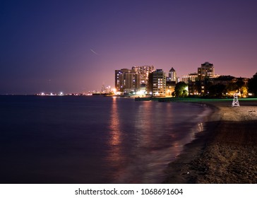 Looking South From Far North Side Chicago Down Lake Michigan Under Starry Sky