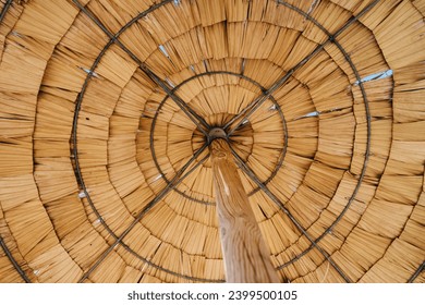 Looking up at the spiral pattern of a wooden canopy, showcasing natural materials and symmetrical design - Powered by Shutterstock