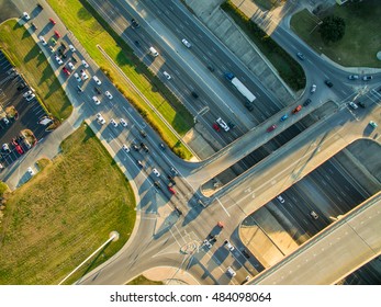 Looking Straight Down Over Intersecting Intersection And Highway Interchange With The Interstate 35 Highway Running Right Through Austin Texas Traffic Is Always Congested 