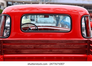 Looking through the back window of a vintage truck