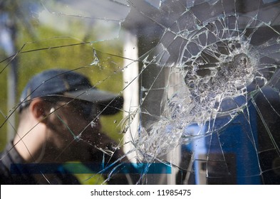 Looking Through Broken Window. Telephone Box.