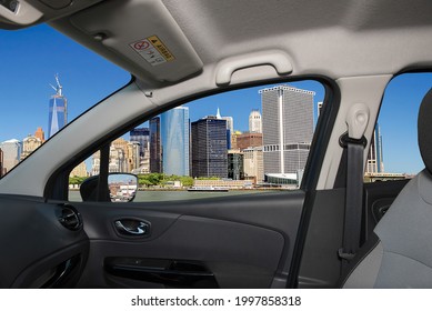 Looking through a car window with view of the financial district of of Manhattan, New York City, USA