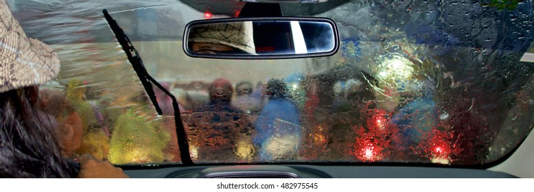 Looking Through The Car Windscreen During Heavy Rain At Night, Phnom Penh, Cambodia