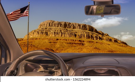 Looking Through A Car Windshield With View Of Spirit Mountain Iconic Place In Grand Canyon, Arizona, USA