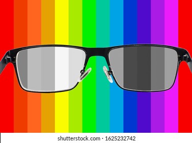 Looking through glasses to bleach color stripes. Color blindness. World perception during depression. Medical condition. Health and disease concept. Daltonism, colourblindness. Not recognizing colors