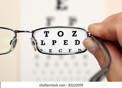 Looking through glasses at an eye exam chart