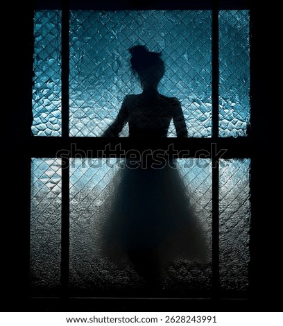 Looking through an old patterned window at a silhouette of a woman wearing a white dress. The image is in blue tone