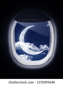 Looking Through Plane Window Enjoying With The Moon View Ramadan Mubarek