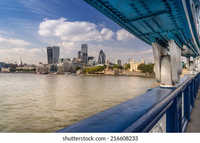 Looking through the structure of Tower Bridge across to the city of London