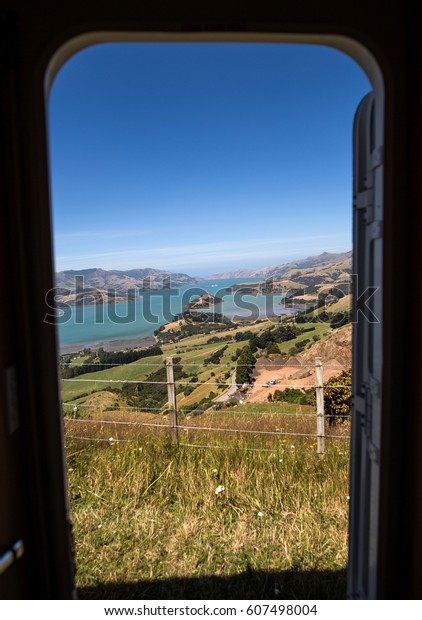 Looking\
through the window of a camper van, New\
Zealand\
