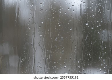 Looking through window during rain storm.  Rain drops in focus. Out of focus forest in background, beyond window.  