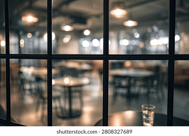 Looking through a window into an empty restaurant at night, with tables and chairs visible and warm lighting.