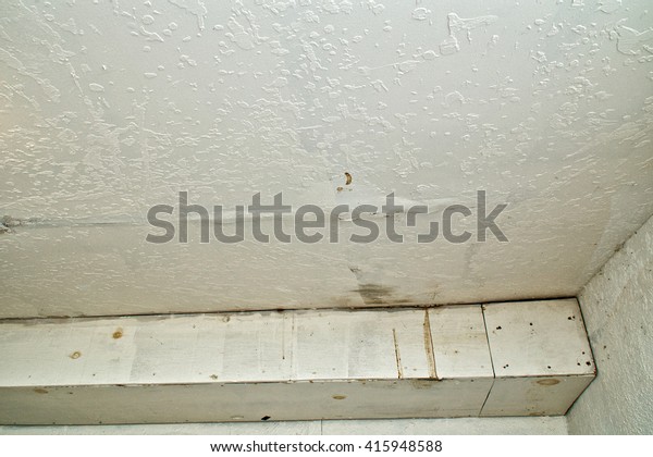 Looking Towards Ceiling Water Damage Stained Stock Photo