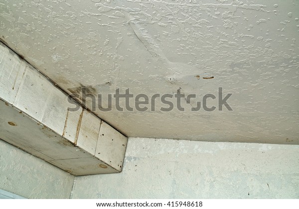 Looking Towards Ceiling Water Damage Stained Stock Photo