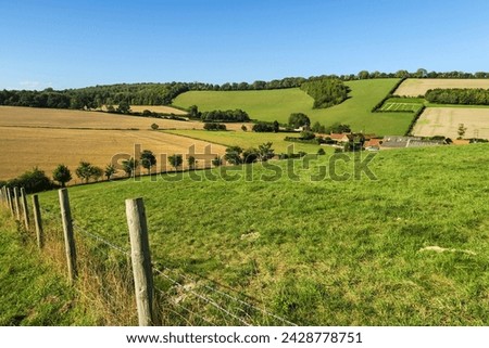 Looking towards valley end farm at bix bottom in the chiltern hills near henley, bix bottom, henley-on-thames, oxfordshire, england, united kingdom, europe