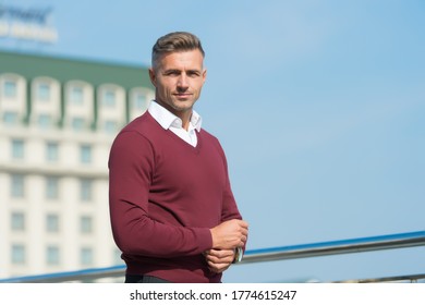 Looking Trendy. Full Of Confidence. Businessman In Informal Setting. Male Beauty Standards. Casual Fashion For Men. Right Barbershop Makes Your Future. Adult Man Care About Gray Hair. Copy Space.