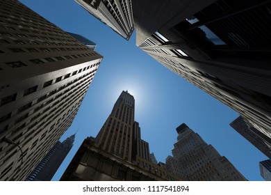 Looking Upwards On Nassau Street, New York Wall Street District