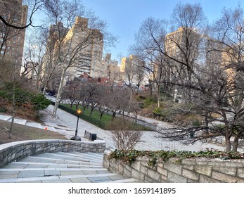 Looking West Down Granite Stairway In Carl Schurz Park New York City.