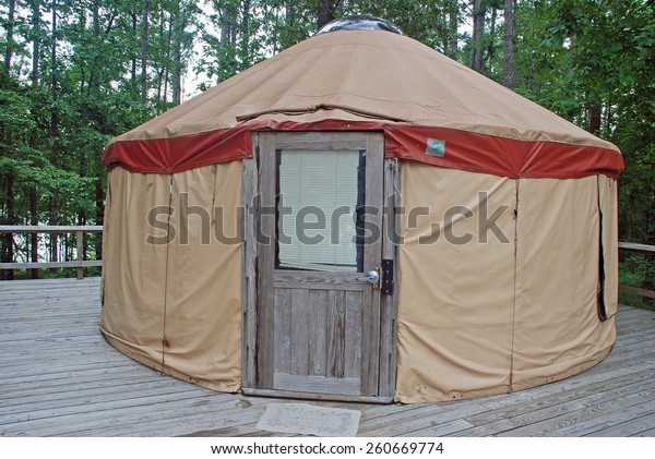 Looking Wooden Door Yurt Camp Site Stock Photo Edit Now 260669774