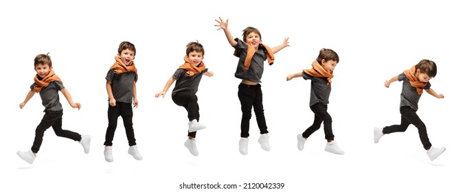 Looks delighted, joyful. Collage with images of little cute kid, happy boy jumping, running isolated on white studio background. Education, emotions, facial expression and childhood concept. - Shutterstock ID 2120042339