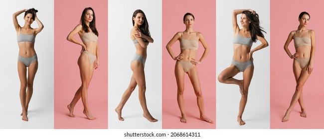 Looks happy and delighted. Collage of young beautiful tanned woman wearing cotton underwear isolated over colored background. Wellness, wellbeing, fitness, diet, cosmetology, no filters concept.