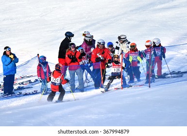 LOON MOUNTAIN USA - JANUARY 24: Tina Sutton Memorial - Slalom Competition. Unidentified Participant Get To The Finish Line During Junior Ski Race On January 24, 2016 At The Loon Mountain In NH, USA

