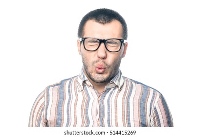 Loony Man With Closed Eyes And Tight Lips, Isolated On White Background, Studio Shot. Guy Eating Hot Food Or Chilli