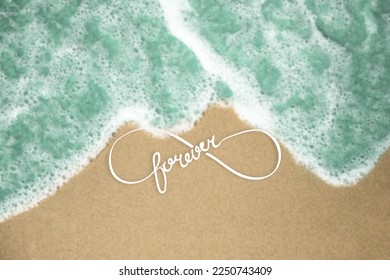 loop symbol inspirational view, sea beach with blue salty water running on beach sand, top view of sea coast in sun light, forever typography on ocean beach.