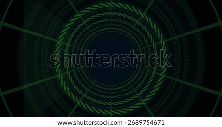 Looping green circular tunnel pattern forming infinite perspective in virtual environment, depth. Futuristic, digital art, geometric, immersive, cyber, vibrant, technology