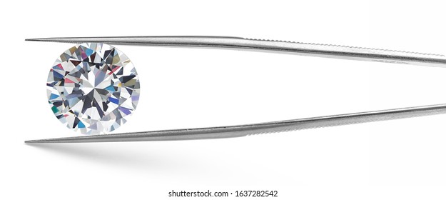 Loose Diamond In Tweezers On White Background