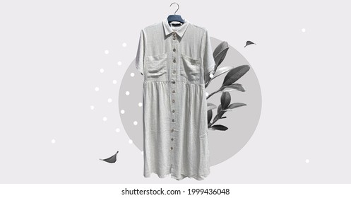 Loose Linen Shirt Dress With Pockets Short Sleeve On Hanger. Composition Of Clothes. Collage Sale Clothes Banner. Fashion Concept. Linen Long Elegant Dress. Collage Sale Clothes Banner. 